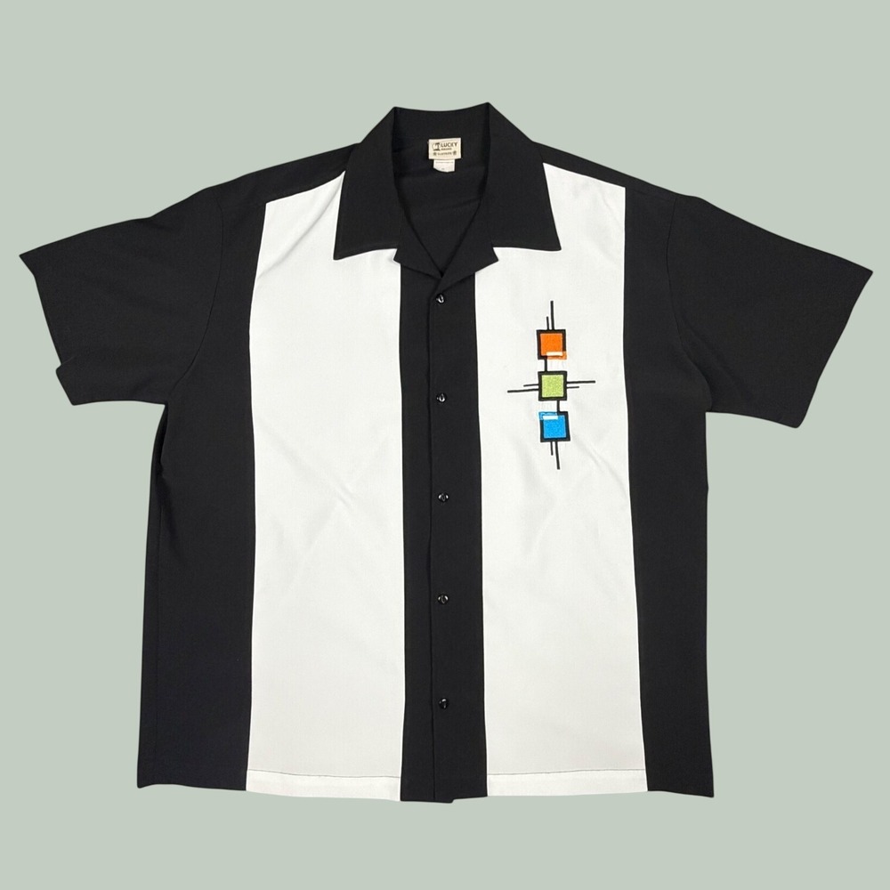 Lucky Paradise Mens 2X Bowling Shirt Black White MCM Embroidered Retro Camp 2XL